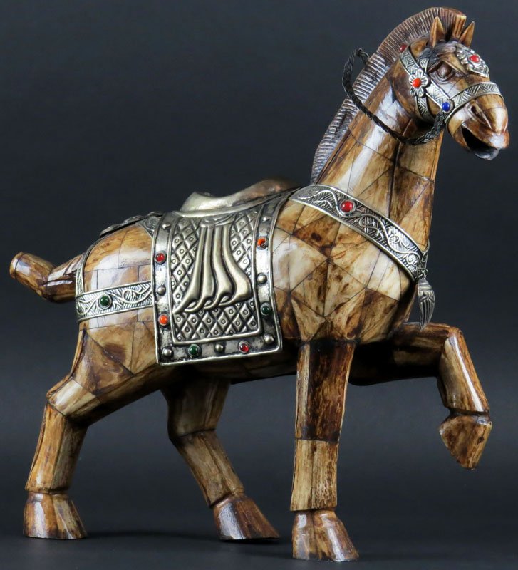 Modern Chinese Bone Horse with Semi Precious Stone: Modern Chinese Bone Horse with Semi Precious Stone Mounted on Metal Breastplate. Unsigned. Measures 13 Inches Tall and 14 Inches Long. Shipping $40.00