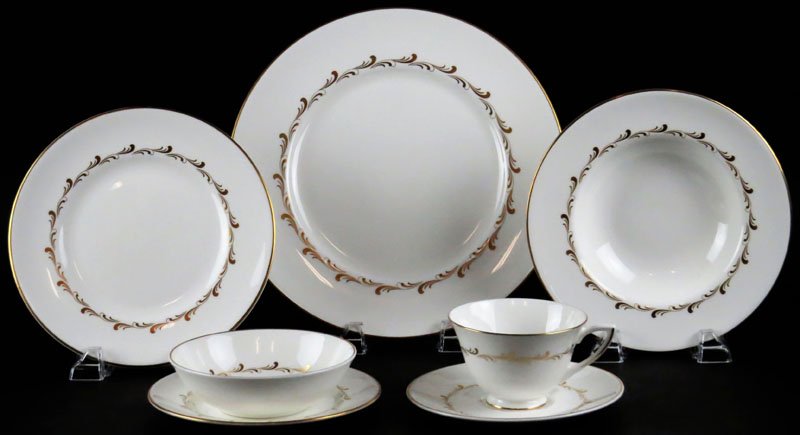 Eighty Four (84) Piece Royal Doulton Porcelain Dinner: Eighty Four (84) Piece Royal Doulton Porcelain Dinner Service in the "Rondo" Pattern. Service Includes: 12 Dinner Plates Measuring 10-1/2 Inches, 12 Salad Plates Measuring 8 Inches, 12 Bread Plates Me