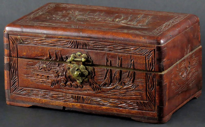 20th Century Chinese Wooden Box. Signed Made in China.: 20th Century Chinese Wooden Box. Signed Made in China. Crack to Bottom or else Good Condition. Measures 4-3/4 Inches Tall and 9-7/8 Inches Wide. Shipping $30.00
