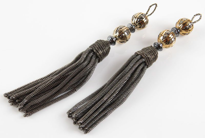 Vintage Pair of Silver and Goldtone Hanging Tassels: Vintage Pair of Silver and Goldtone Hanging Tassels with Inlaid Marcasite. Unsigned. Good Condition. Measures about 4-1/4 Inches Long not counting top Loop. Shipping $20.00