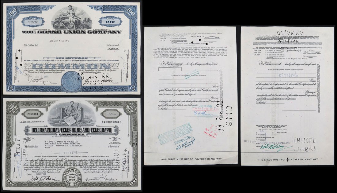 1967 International Telephone and Telegraph Stock: 1967 International Telephone and Telegraph Stock Certificate for 55 Shares together with 1966 The Grand Union Company Stock Certificate for 100 Shares. Good Condition. Shipping $20.00