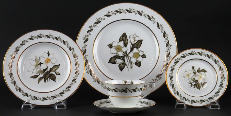 Sixty (60) Pieces Royal Worcester Porcelain Dinner: Sixty (60) Pieces Royal Worcester Porcelain Dinner Service for Twelve (12) in the "Bernia" Pattern. Service Includes: 12 Dinner Plates Measuring 10-3/4 Inches, 12 Salad Plates Measuring 8 Inches, 12 B
