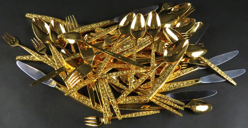 Sixty Seven (67) Piece 1847 Rogers Gold Silver Plate: Sixty Seven (67) Piece 1847 Rogers Gold Silver Plate Flatware Service in the "Dubonnet" Pattern. Good Condition. Shipping $70.00