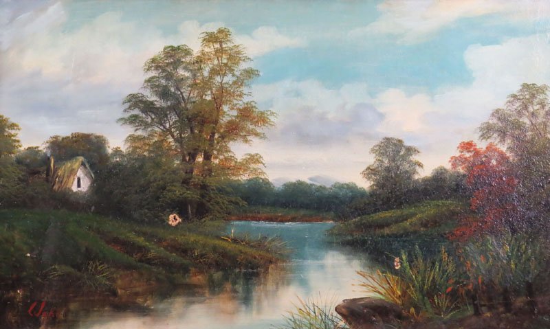 19th Century Continental School Oil on Canvas: 19th Century Continental School Oil on Canvas "Landscape with Stream" Signed Lower Left. Puncture and Scrape Will Need some Restoration. Frame Measures 14-1/2 Inches by 22-1/2 Inches. Shipping $75.00