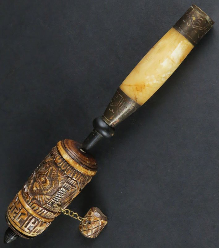 19th Century Tibetan Carved Wooden Revolving Prayer: 19th Century Tibetan Carved Wooden Revolving Prayer Wheel with Buddhist Calligraphy Scroll Inside. Possibly 19th Century. Good Condition. Measures 9-3/8 Inches Long. Shipping $20.00