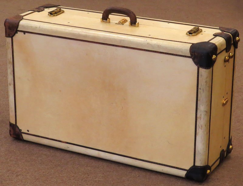 Bottega Veneta Large Vintage Trunk with Leather Handle: Bottega Veneta Large Vintage Trunk with Leather Handle and Wrapped Corners. Good Used Condition. Signed. Measures 12 Inches by 35-1/2 Inches by 21 Inches. We Will Not Ship This Item In-House Due to It