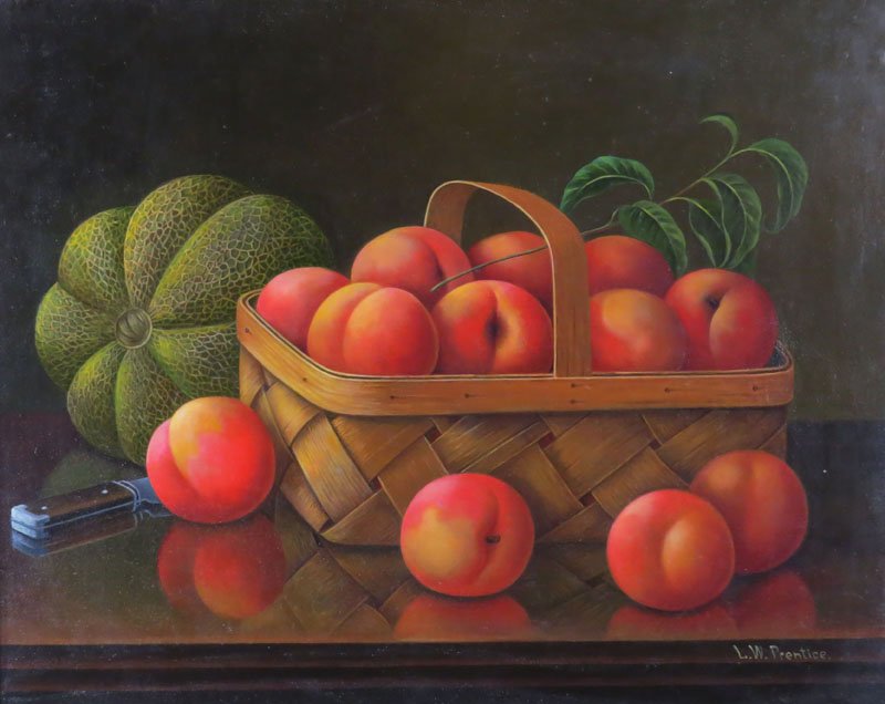 after: Levi Wells Prentice American (1851-1935) Oil on: after: Levi Wells Prentice American (1851-1935) Oil on Canvas "Basket of Peaches" Bears Signature Lower Right. Good Condition. Measures Inches 15-1/2 Inches by 19-1/2 Inches, Frame Measures 23-1/2 Inc