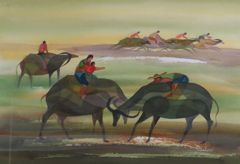 Manuel Baldemor Filipino (born1947- ) Watercolor on: Manuel Baldemor Filipino (born1947- ) Watercolor on Paper "Untitled" Circa 1991. Signed Lower Right and Dated 1991. Good Condition. Measures 13-1/4 Inches by 19-1/4 Inches (sight) Frame Measures 22 In