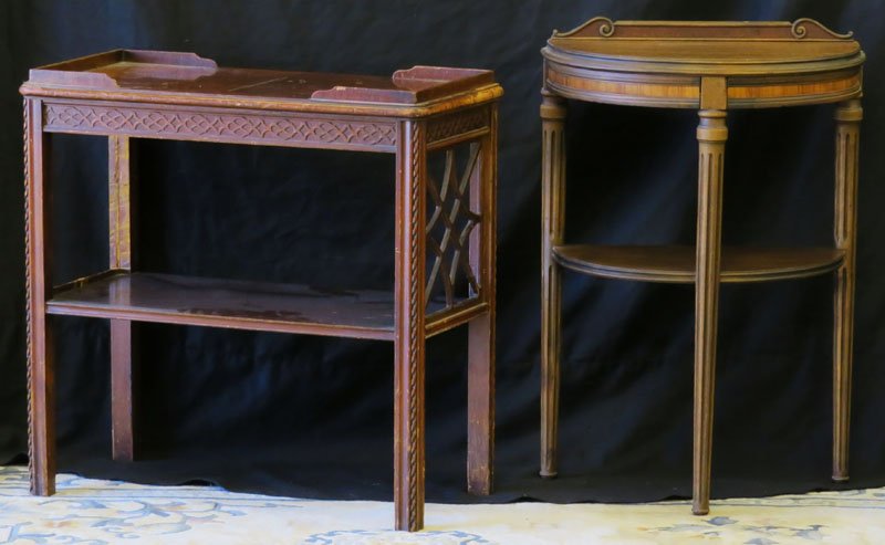 Two (2) 1940's Period Mahogany Pieces Including: Two: Two (2) 1940's Period Mahogany Pieces Including: Two (2) Tier Demilune Side Table, Minor Veneer Loss to Edge at Top together with Two (2) Tier Chinese Chippendale Style Side Table with Gallery. One Si