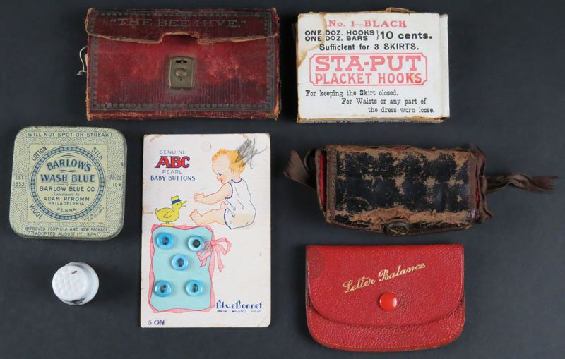 Miscellaneous Lot of Vintage and Antique Items: Miscellaneous Lot of Vintage and Antique Items Including: ABC Pearl Baby Buttons, Porcelain Thimble, Sta-Put Placket Hooks, Blood's Helix Needles, miniature Traveling Sewing Thread Kit and Letter Bala