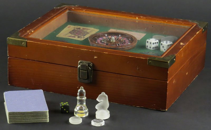 Gaming Box with Glass Top and Gambling Articles opens: Gaming Box with Glass Top and Gambling Articles opens to Reveal Chess Set and Other Leisure Gaming Items. Good Condition. Measures 3-1/4 Inches by 11 Inches Wide. Shipping $25.00