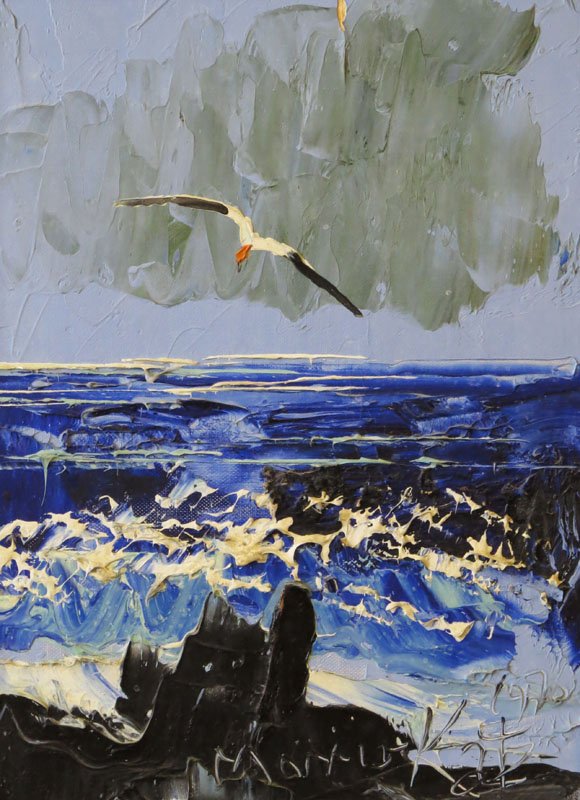 Morris Katz Signed Oil on Board "Shoreline with Seagull: Morris Katz Signed Oil on Board "Shoreline with Seagull in Flight" Signed Lower Center Illegible and Dated 1970. Good Condition, Paint Loss. Frame Measures 21-1/2 Inches by 17-1/2 Inches. Shipping $62