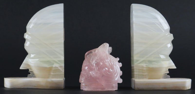 Two (2) Mexican Alabaster Bookends together with Carved: Two (2) Mexican Alabaster Bookends together with Carved Pink Quartz Carving or Lid. Chips or else Good Condition. Bookends Measure almost 4-7/8 Inches Tall. Shipping $20.00