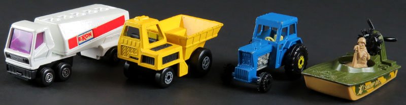 Four (4) Matchbox Lesney Made in England Diecast Toy: Four (4) Matchbox Lesney Made in England Diecast Toy Vehicles. Including: #63 Freeway Gas Tanker, #46 Ford Tractor, #30 Swamp Rat and #26 Site Dumper. Good Used Condition. Please Examine These Items C