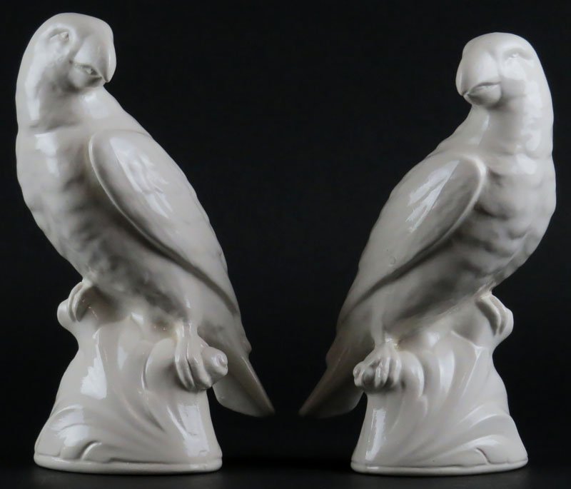 Pair Vintage to Antique Mintons England Blanc de Chine: Pair Vintage to Antique Mintons England Blanc de Chine Parrot Figures. Signed Mintons Logo, 18th Century Staffordshire Salt Glaze. Good Condition. Measures 8-1/4 Inches Tall. Shipping $32.00