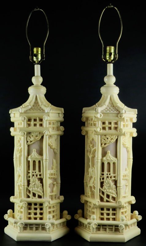 Vintage Pair Plaster Double Light Japanese Lamps.: Vintage Pair Plaster Double Light Japanese Lamps. Unsigned. Small Paint Loss. Good Condition. Measures 37 Inches Tall and 9-1/2 Inches Diameter. We Will Not Ship This Item In-House Due to Its Size, Bu