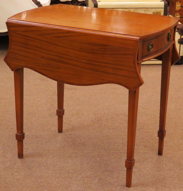 Satinwood Drop-leaf Wooden Table with Drawer. Unsigned.: Satinwood Drop-leaf Wooden Table with Drawer. Unsigned. Good Condition. Measures 29 Inches Tall and 30 Inches Front to Back. We Will Not Ship This Item In-House Due to Its Size, But Would be Happy to 