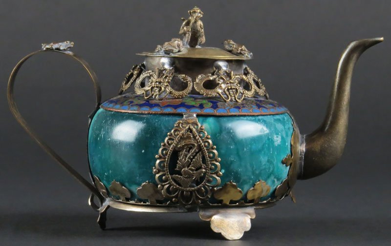 Chinese Glass and Enamel Teapot with Metal Mounting.: Chinese Glass and Enamel Teapot with Metal Mounting. Signed. Measures 4 Inches Tall 6 Inches. Shipping $20.00.