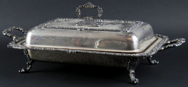 Vintage Silver Plate Divided Dish Food Warmer Buffet: Vintage Silver Plate Divided Dish Food Warmer Buffet Server. Unsigned. Lid Worn to Copper on Corner, Interior Insert with Bends or else Good Condition. Measures 8 Inches Tall and 22-1/2 Inches Handle