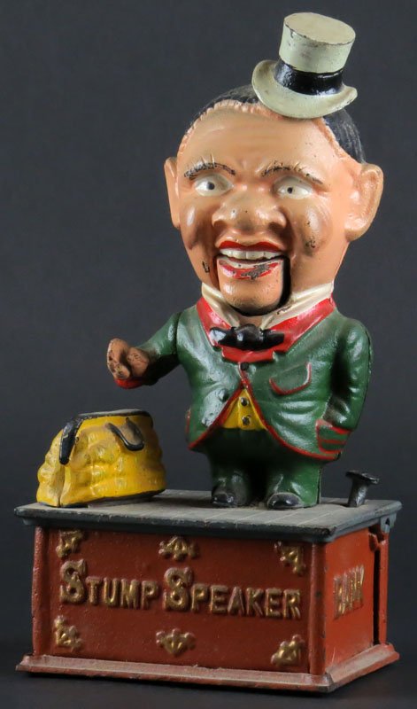 Stump Speaker Replica Cast Iron Bank. Signed Taiwan.: Stump Speaker Replica Cast Iron Bank. Signed Taiwan. Good Condition, Missing Coin Door. Measures 10 Inches Tall and 4-3/4 Inches Wide. Shipping $20.00