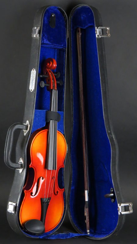 Modern Chinese Children's Violin and Bow with Carrying: Modern Chinese Children's Violin and Bow with Carrying Case. Signed Peoples Republic of China. Has Original Tag. Measures 18-3/4 Inches by 6 Inches. Shipping $20.00