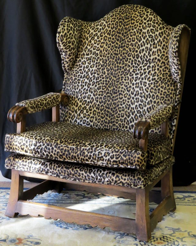 19/20th Century Oversized Wood and Faux Leopard: 19/20th Century Oversized Wood and Faux Leopard Wingback Chair. Unsigned. Good Condition. Measures 46-1/2 Inches Tall and 32 Inches Wide. We Will Not Ship This Item In-House Due to Its Size, But Would