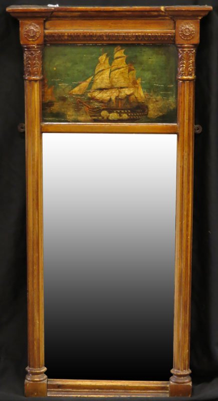 19th Century Federal Style Wooden Wall Hanging Trumeau: 19th Century Federal Style Wooden Wall Hanging Trumeau with Sailing Ship Oil on Board. Flaking, Chipping to Board or else Good Condition. Measure 32 Inches by 15-1/2 Inches. Shipping $85.00