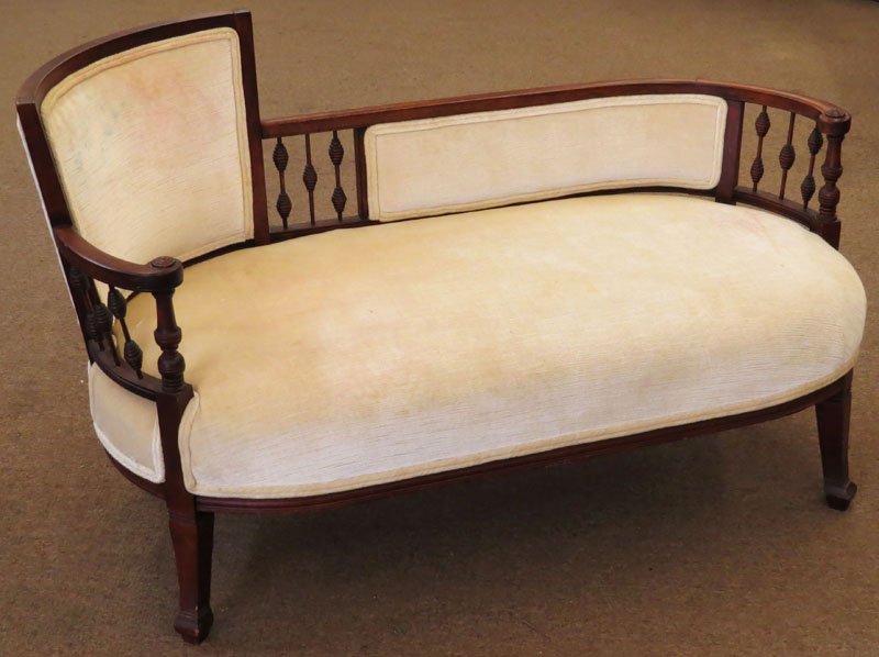 Mid Century Upholstered Wooden Loveseat/Settee.: Mid Century Upholstered Wooden Loveseat/Settee. Upholstery Stained, Wood Good Condition. Measures 28-1/2 Inches Tall and 45-1/2 Inches Wide. We Will Not Ship This Item In-House Due to Its Size, But Wo