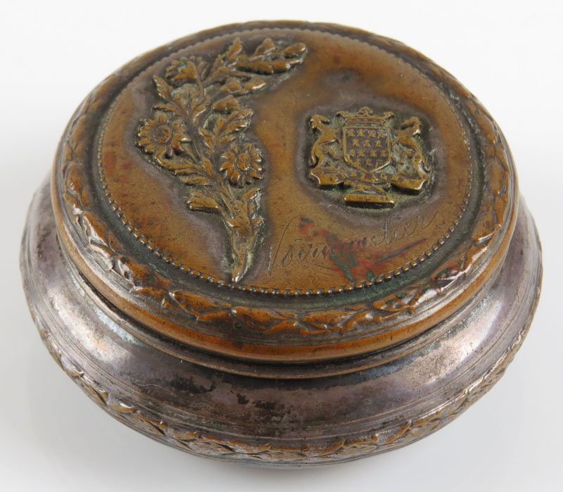 Antique French Silver Plate Snuff Box with Coat of Arms: Antique French Silver Plate Snuff Box with Coat of Arms and Engraved Name on Lid. Some Dings and Silver Loss and Dents to Lid or else Good Condition. Measures about 2-1/4 Inches Diameter. Shipping $20