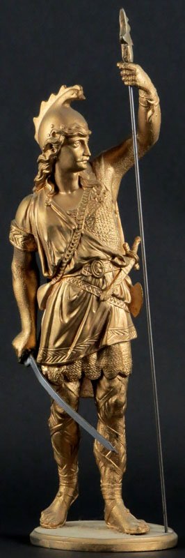 Vintage to Antique French Painted Metal Roman Warrior: Vintage to Antique French Painted Metal Roman Warrior Sculpture. Spear and Sword Possibly Added Later. Unsigned. Some Wear to Finish or else Good Condition. Measures 15 Inches Tall and 5-1/2 Inches Wi