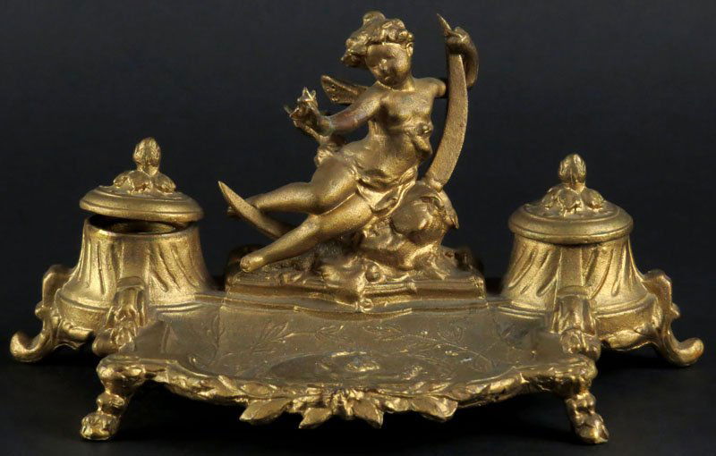 Vintage to Antique French Painted Metal Ink Stand with: Vintage to Antique French Painted Metal Ink Stand with Fairy Design. Unsigned. One (1) Insert Missing. Good Condition. Measures 4 Inches Tall and 8-1/2 Inches Wide. Shipping $20.00