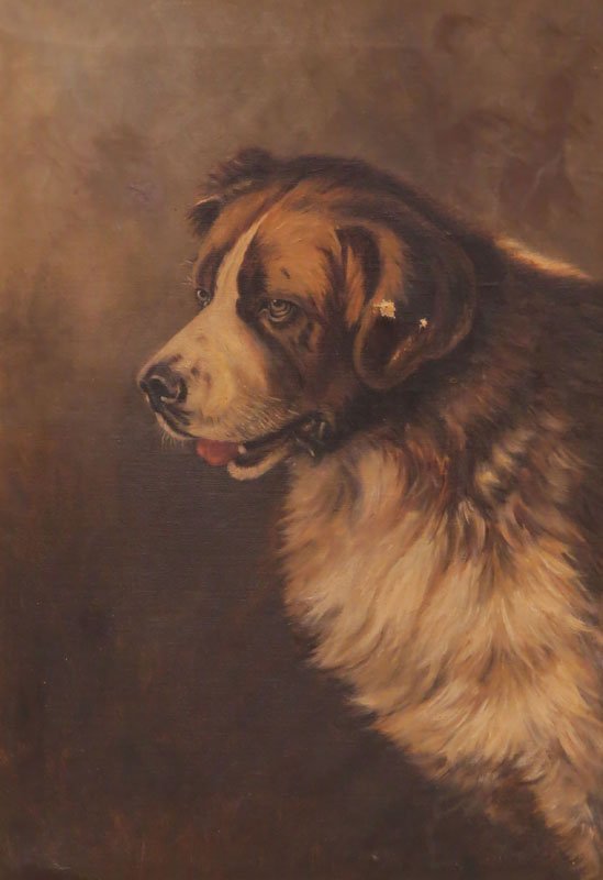Antique Oil on Canvas "Saint Bernard" Unsigned. Needs: Antique Oil on Canvas "Saint Bernard" Unsigned. Needs Restoration. Please Examine This Lot Carefully Before Bidding. Frame Measures 28 Inches by 21-1/2 Inches. Shipping $125.00
