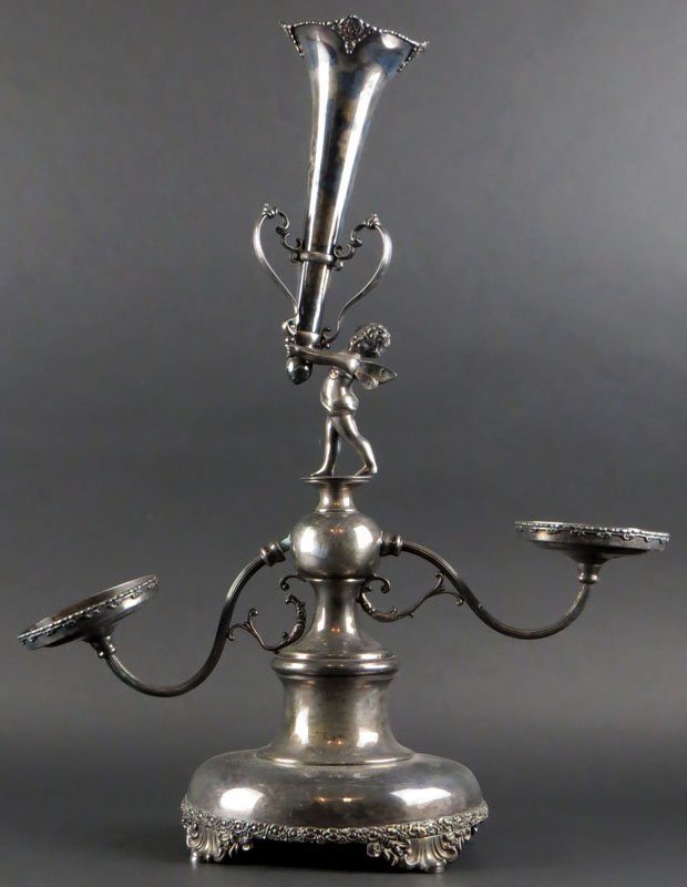 Handyman Special White Metal Epergne with One (1): Handyman Special White Metal Epergne with One (1) Detached Arm. Signed. AS IS Condition. Measures 22-1/2 Inches Tall and 18-1/2 Inches Wide. Shipping $68.00