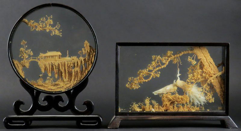 Two (2) Chinese Cork Sculpture Dioramas. Unsigned. Some: Two (2) Chinese Cork Sculpture Dioramas. Unsigned. Some Loose Internal Pieces. One Measures 8-1/2 Inches Tall 11 Inches Wide. Shipping $45.00