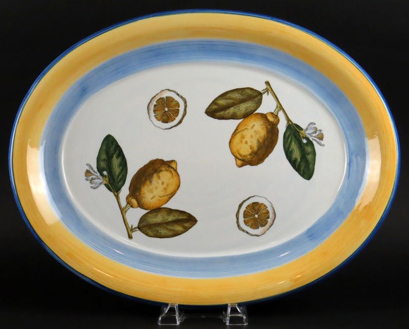 Villeroy & Boch Ceramic Platter with Lemon Decoration: Villeroy & Boch Ceramic Platter with Lemon Decoration in the "Amarillo" Pattern. Signed Amarillo and #1748, Made in Portugal. Good Condition. Measures 19 Inches Long and 14-1/2 Inches Wide. Shipping $