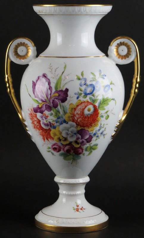 Large Kaiser Germany Porcelain Double Handles Vase or: Large Kaiser Germany Porcelain Double Handles Vase or Urn with Hand Painted Floral Motif. Signed. Minor Flake to Gilt Rim or else Good Condition. Measures 16-3/4 Inches Tall and 10-1/2 Inches Wide. Sh