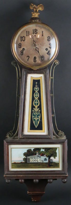 Antique New Haven Banjo Clock. Signed "New Haven Clock: Antique New Haven Banjo Clock. Signed "New Haven Clock Company". Missing Pendulum and Key. Wants to Run. Corrosion to Dial. Crystal Loose and Some Wear to Finish. Good Condition. Measures 26 Inches Lo