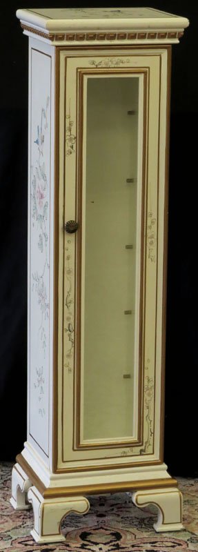 Modern White Lacquer Display Pedestal with Glass Front.: Modern White Lacquer Display Pedestal with Glass Front. Unsigned. Minor Scratching to Finish or else Good Condition. Measures 40 Inches Tall and 11 Inches Wide. We Will Not Ship This Item In-House Due