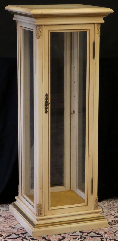 Modern White Display Pedestal with Glass Front.: Modern White Display Pedestal with Glass Front. Unsigned. Minor Scratching and Staining and Wood Seam on Top or else Good Condition. Measures 42-1/2 Inches Tall and 16-1/4 Inches Wide. We Will Not Shi
