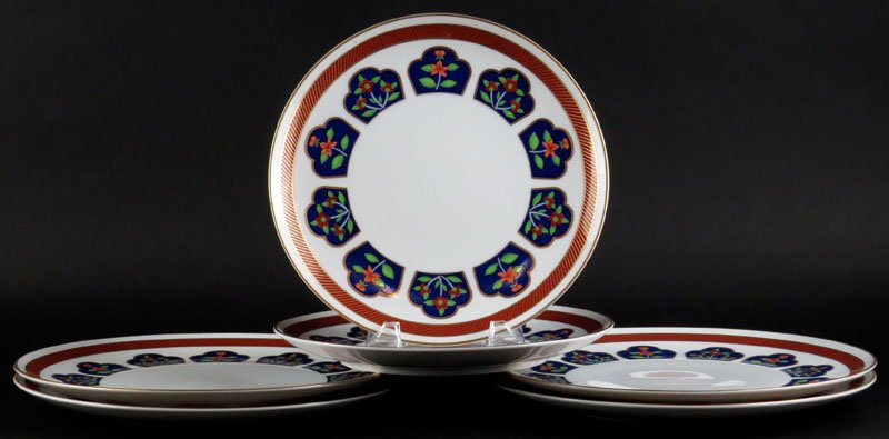 Six (6) Fitz and Floyd Porcelain Plates Including: Four: Six (6) Fitz and Floyd Porcelain Plates Including: Four (4) Dinner Plates Measuring almost 10-3/4 Inches Diameter and Two (2) Matching Luncheon Plates Measuring 9-1/8 Inches Diameter. Signed FF, some