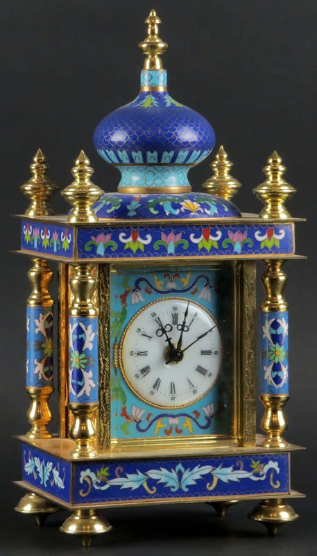 20th Century Bronze Mounted Chinese CloisonnÃ© Mantle: 20th Century Bronze Mounted Chinese CloisonnÃ© Mantle Clock with Porcelain Dial and Battery Operated Quartz Movement. Unsigned. Good Condition. Battery Operated Quartz Movement Not Working. Measures