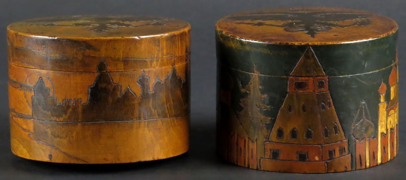 Two (2) Vintage or Older Painted Wooden Boxes with: Two (2) Vintage or Older Painted Wooden Boxes with Russian Eagle Insignia on Lids. Unsigned. Good Condition. Measures 2-3/4 Inches Tall and 3-5/8 Inches Diameter. Shipping $20.00