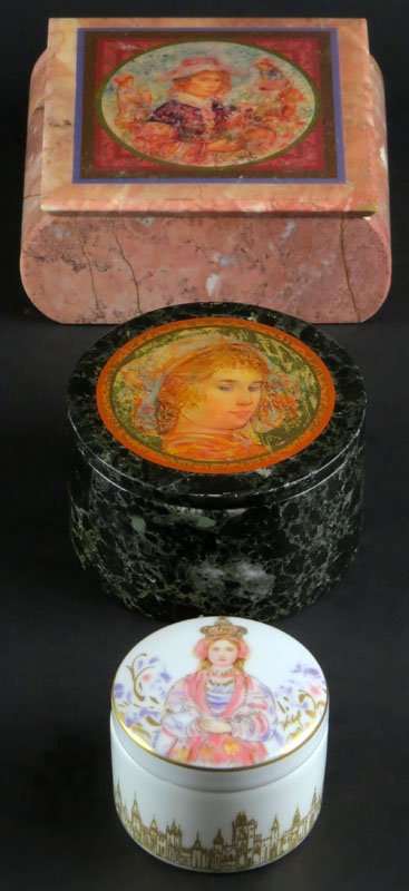 Edna Hibel American (1917-2014) Three (3) Assorted: Edna Hibel American (1917-2014) Three (3) Assorted Boxes Including: Limited Edition Porcelain "Princessa" Circular Vanity Box. Signed and Limited Edition #239/700. Good Condition. Measures 1-7/8 Inche