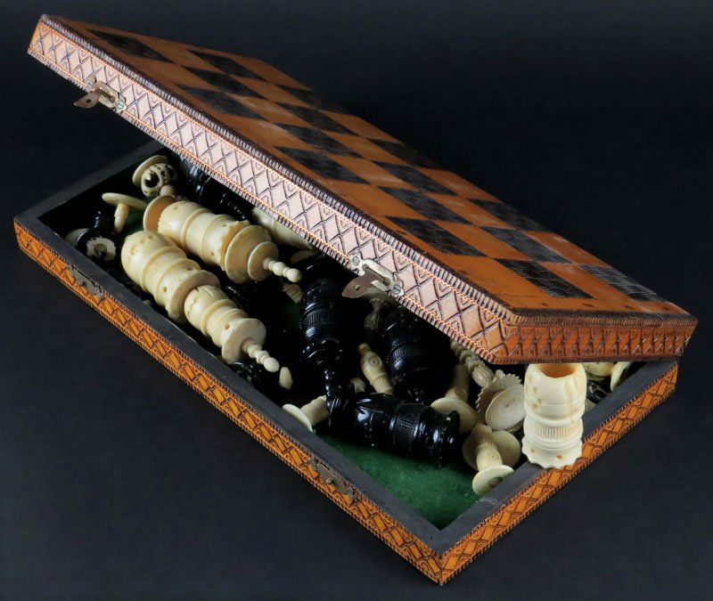 Wooden Chess Board Case Along with Incomplete Bone: Wooden Chess Board Case Along with Incomplete Bone Chess Pieces and Parts. Unsigned. Good Condition. Measures 13 Inches Long 13 Inches Wide. Shipping $30.00