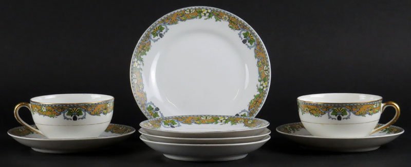 Eight (8) Piece Noritake Porcelain Dinnerware in the: Eight (8) Piece Noritake Porcelain Dinnerware in the "Westminster" Pattern. Signed "Noritake". Includes: Two (2) Cups, Five(5) Saucers Measuring 5-1/2 Inches, and One(1) Bread Plate. Good Condition. S