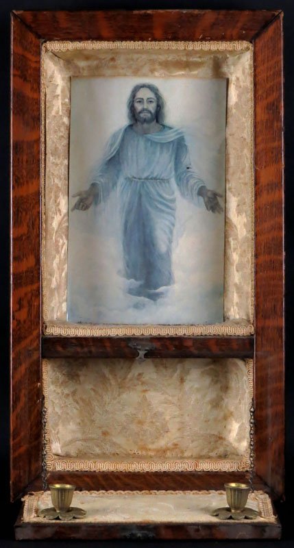Antique Oak Wall Hanging Altar. Unsigned. Some Damage: Antique Oak Wall Hanging Altar. Unsigned. Some Damage to Inner Lining. Good Condition. Measures 28 Inches Tall 12-1/2 Inches Wide. Shipping $40.00