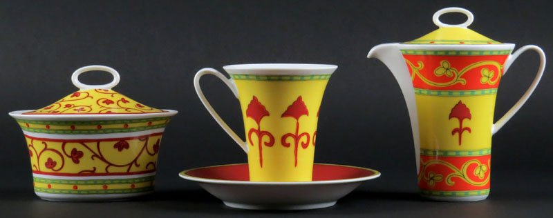 Small Collection of Rosenthal Porcelain Dinnerware in: Small Collection of Rosenthal Porcelain Dinnerware in the Bokhara Pattern. Pieces Include: Covered Cream Pitcher, Covered Sugar, Tea Cup and Saucer. Signed. Good Condition. Shipping $30.00
