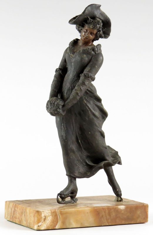 Antique White Metal Figure Skater on Marble Base.: Antique White Metal Figure Skater on Marble Base. Unsigned. Small Crack to Hat. Measures 10 Inches Tall and 5-3/4 Inches Wide Base. Shipping $40.00