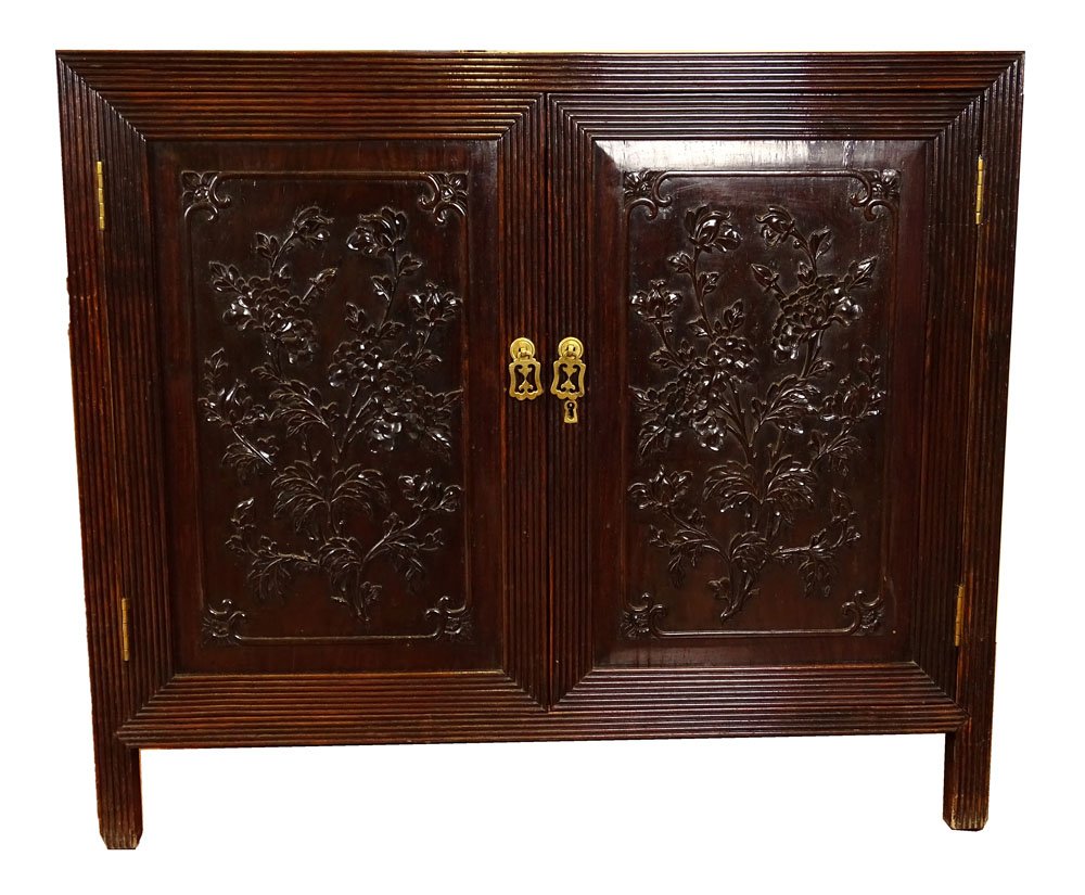 Chinese Style Carved Rosewood Cabinet. Pretty Carved: Chinese Style Carved Rosewood Cabinet. Pretty Carved Floral Motif. Brass Hardware. 2 Drawers in interior. Unsigned. Some Wear, Rubbing or in otherwise Good Condition. Measures 33-1/2 Inches Tall, 39 I