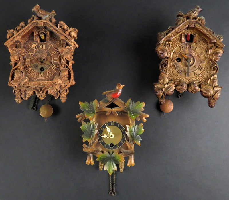 Three (3) Miniature Wooden Bird House Clocks. One: Three (3) Miniature Wooden Bird House Clocks. One Signed "Keebler Clock", One Signed "Lux Clock MFG Co.", One Unsigned. Some Rusting to Movement Cases. Clocks do not Run or else Good Condition. Larges
